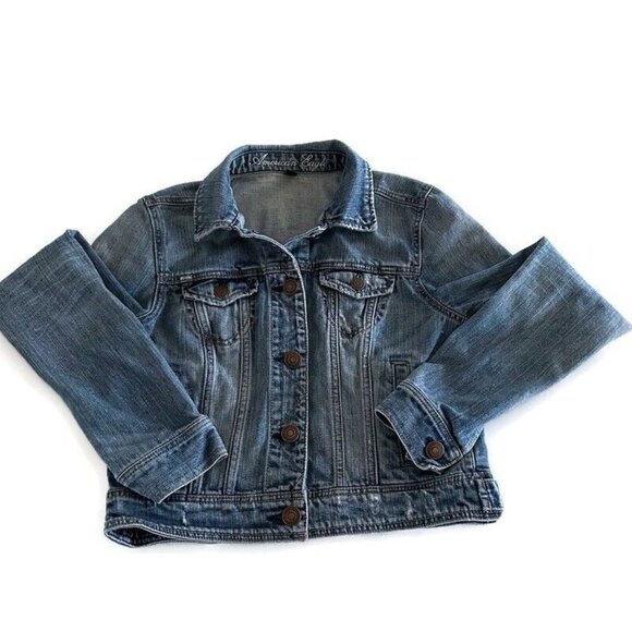 AE American Eagle Women Jean Jacket Size M Blue Denim Trucker Distressed Western - Picture 1 of 8